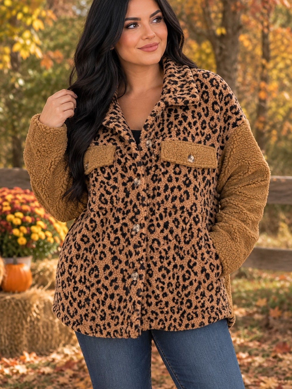 Leopard Sherpa Button-Up Jacket - Tan/Black